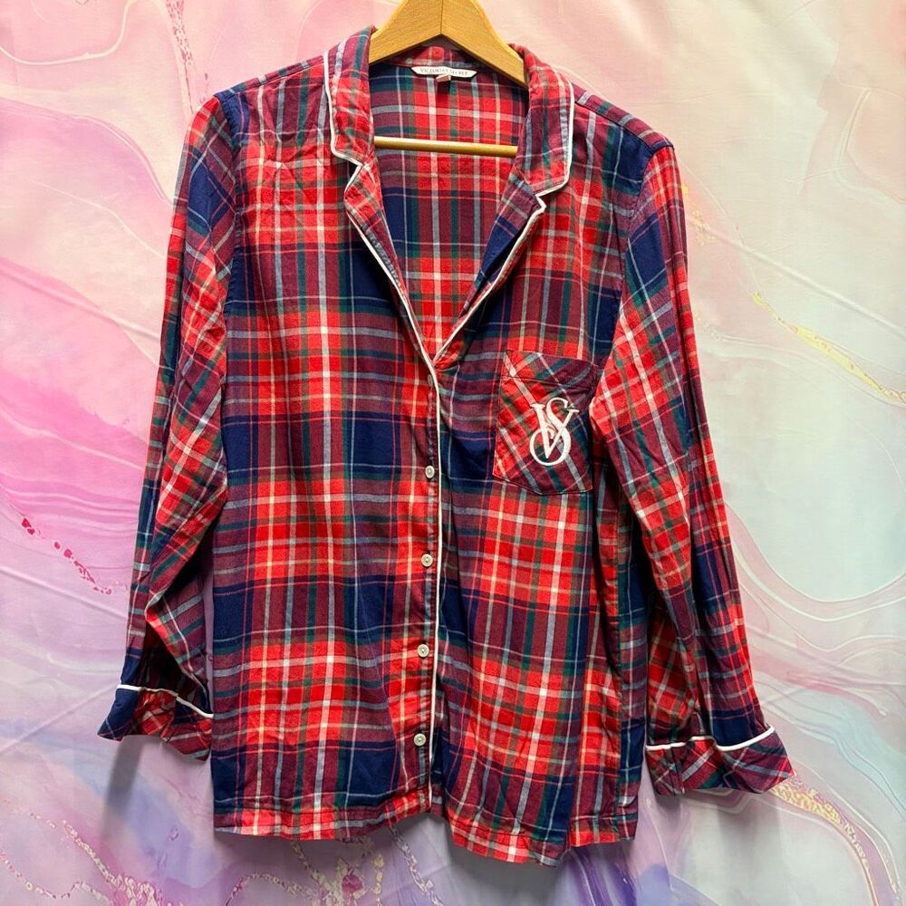 Victoria’s Secret M Long Red Navy Blue Plaid Button Down PJ Blouse Collar Preppy